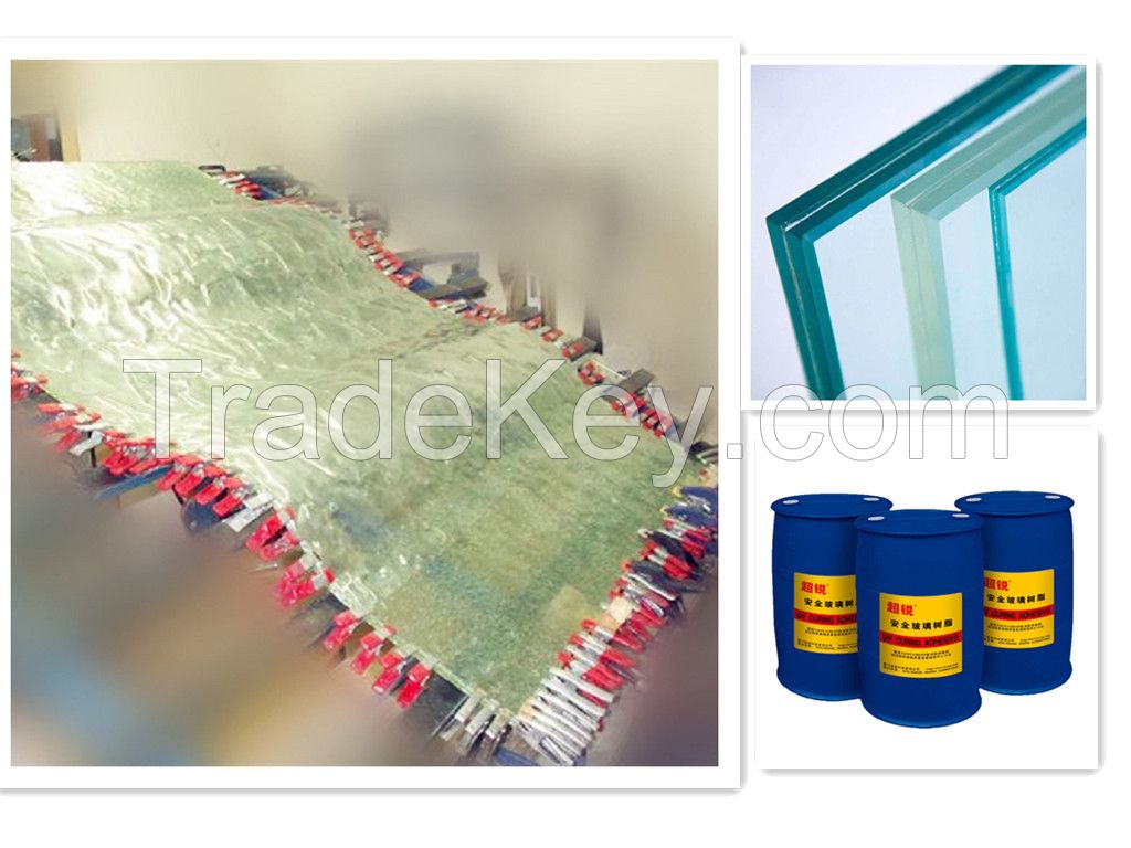 Cast in place resin for safety laminated glass, UV curing