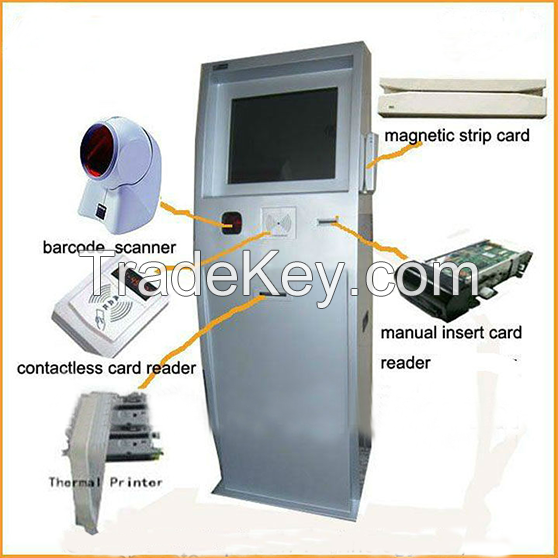 Library kiosk touch screen barcode scanner/ card reader kiosk, student borrowing and returning books self service terminal