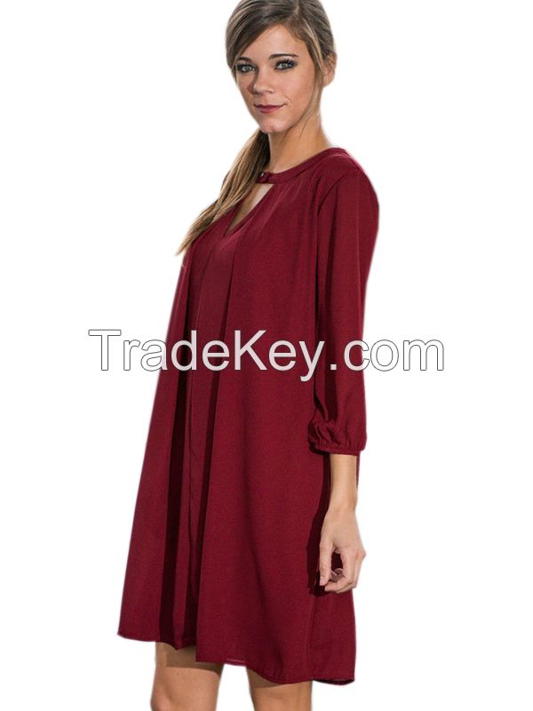 Wine Red Long Sleeve Women Dress Casual Dress
