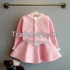 Girls 100% Polyester Round Neck and Long Sleeve with Check Pattern Cardigan/Skirt