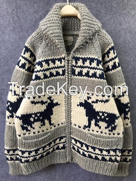 Men's 100% Cotton Knitted Intarsia Pattern Cardigan