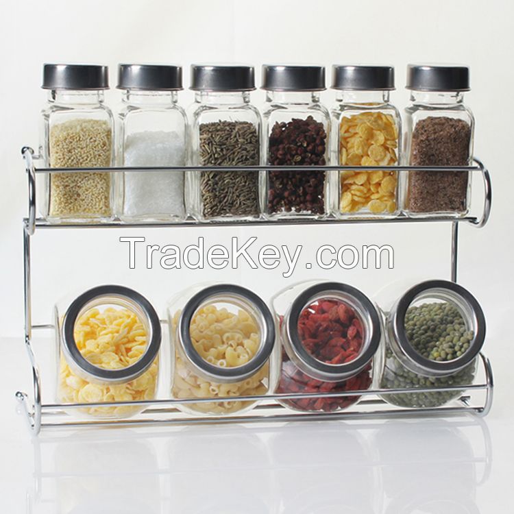 100ml, 200ml, 350ml, Square Classical Glass Shaker Jar Sets with Metal Rack