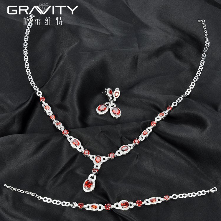 Custom luxury style cz zirconia imitation red stones 925 silver jewelry set