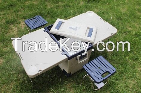 wholesale Multifunctional Portable Camping Ice Cooler Box with Foldable Desk and Table