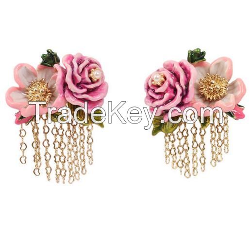 Pink rose tassels stud earrings handcrafted enamel stud earring