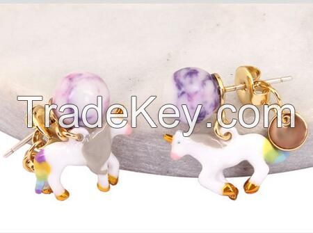 Handcrafted colorful enamel white horse ear stud ear clip