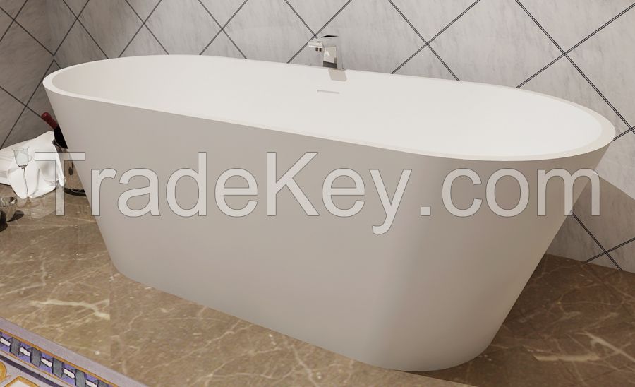 Oval Solid Surface Tub Resin Stone Bathtub With Overflow