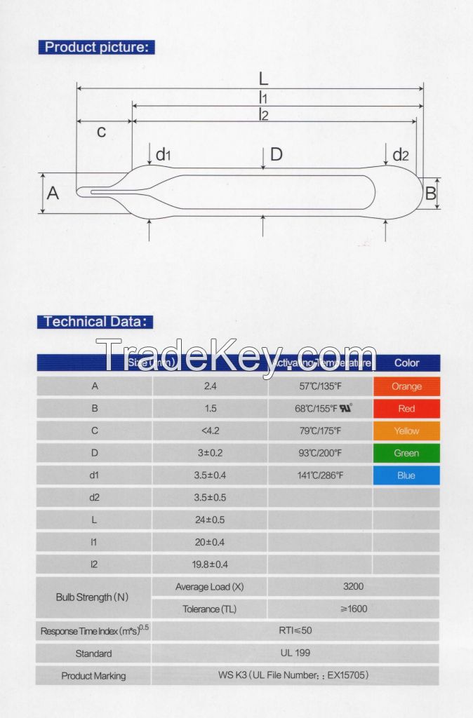 3mm 68 Celsius/155F : UL approved Sprinkler glass bulbs quick response