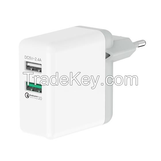 DK37T 30W 2 Port EU Plug Micro USB Qualcomm Quick QC3.0 Travel Charger for Any Phone