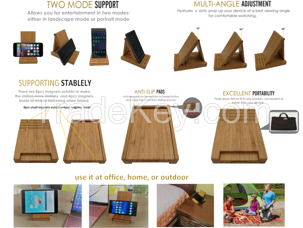 Yisen Wood Bamboo Foldable and Angle adjustable Holder Stand for Cell phone and Tablet