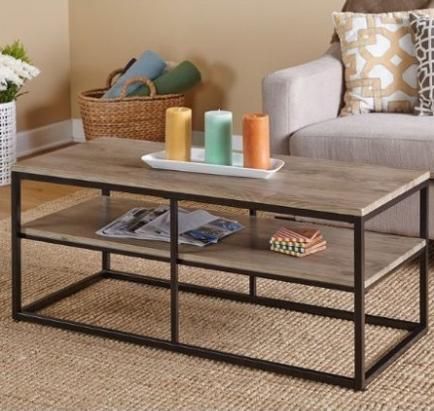 Coffee Table with 2 Shelves and Black Metal Frame
