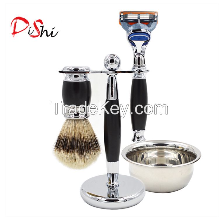 silvertip badger shaving brush set for man, stand, shaving razor, shaving bowl
