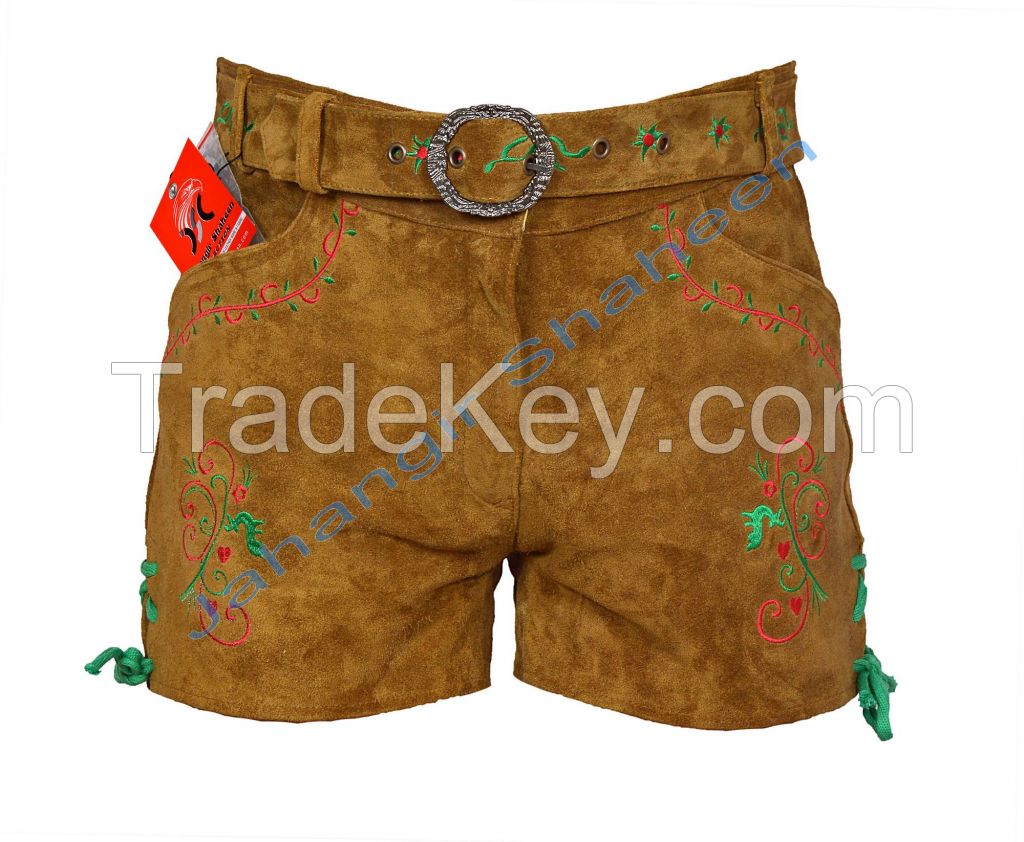 Oktoberfest trachtenmode Bavarian Ladeis Olive Leather Shorts Lederhosen 32-44 Olive Damen Leder Kurz