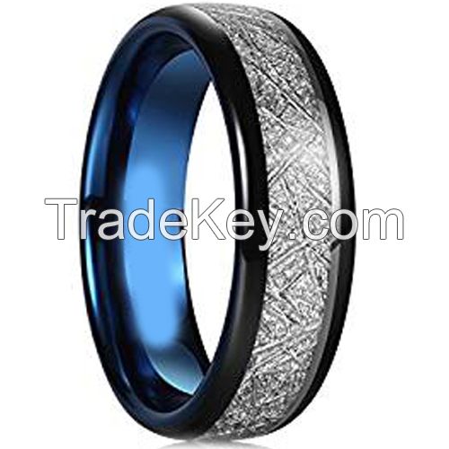 Tungsten Carbide Two Tone Stimulated Meteorite Wedding Band Ring