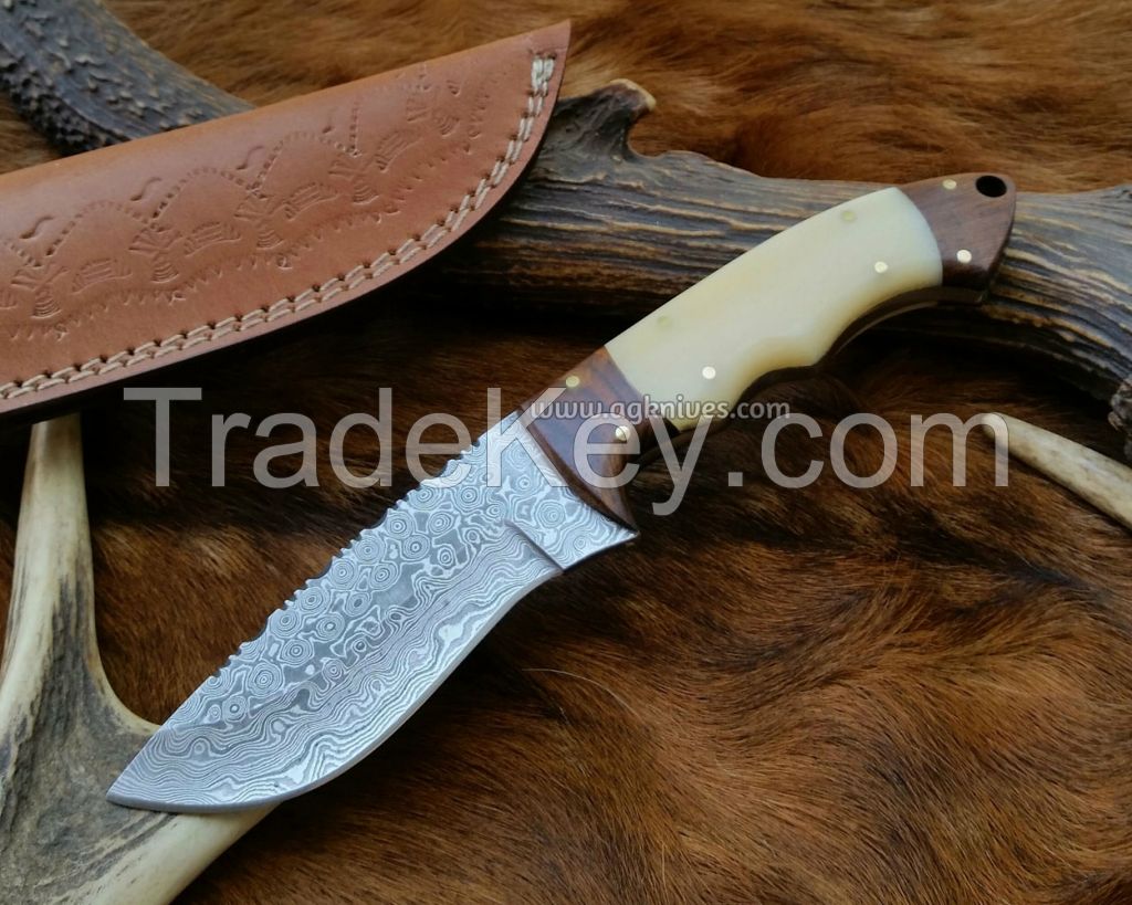 One-of-Kind Custom Made Full Tang Fix Damascus  Steel Raindrop Blade Skinner Hunting Knife (AG-SK2013)