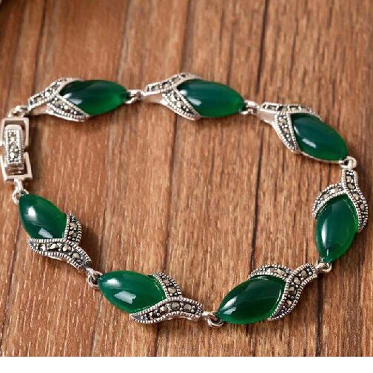925 Silver Thailand Vintage Green Agate Women Bracelet (LB001)