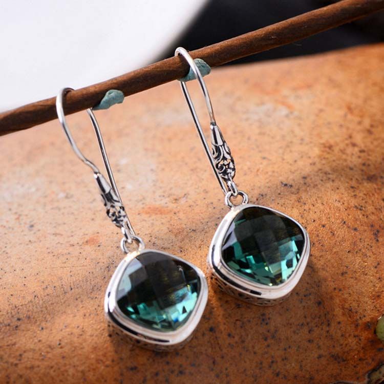 925 Silver Square Synthetic Siopside Pendant Dangle Earring (060250)