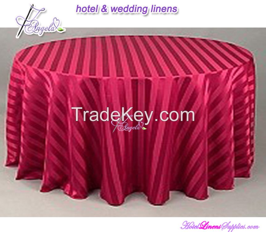 Dia-320cm burgundy 3 cm stripe 100% polyester damask round tablecloth, iron-free, seamless