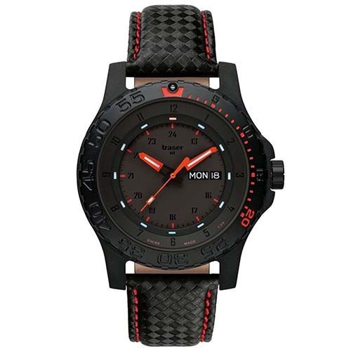 TRASER Red Combat 105502 Men's Swiss Watch Professional Black Red Leather Strap