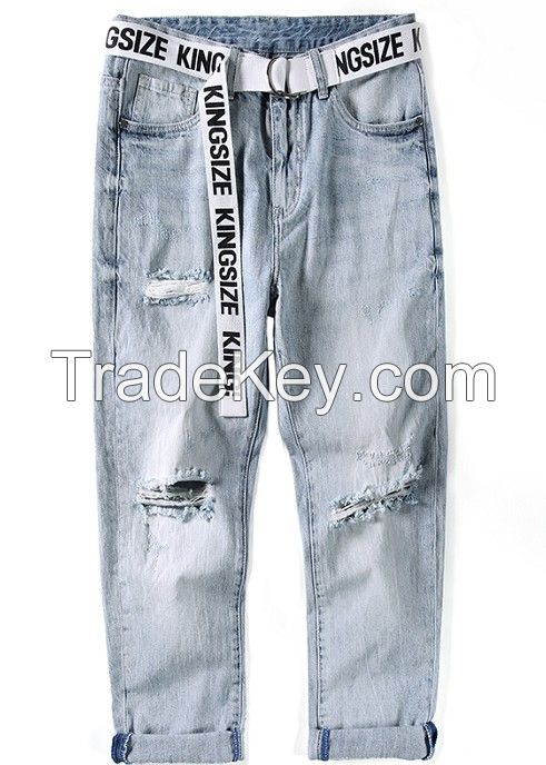 MEN JEANS STRAIGHT FIT WITH BELT HEAVY STONE ABRASION WASHED