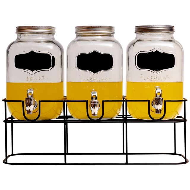 3PC YORKSHIRE GLASS BEVERAGE DISPENSER WITH CHALKBOARD  AND  BLACK RACK