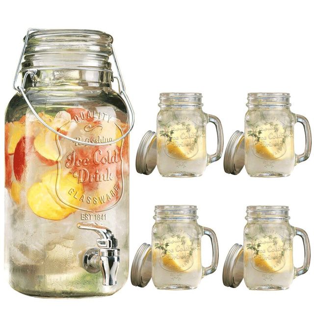 4L ICE CLOD DRINK GLASS BEVERAGE DISPENSER WITH /4 GLASS MASON JARS