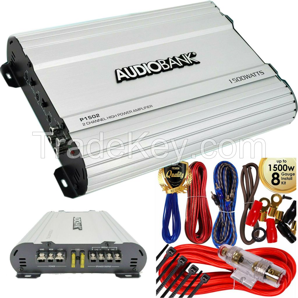 Audiobank 2 Channels 1500W Bridgedable Car Audio Stereo Amplifier + 8 GA Amp Kit