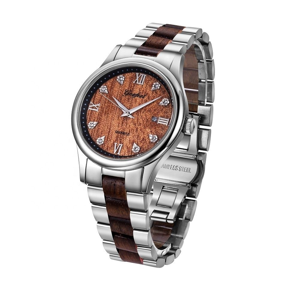 Stainless Steel Watches Wooden Stop Function Watches Mens Luxury Watch With OEM Logo Accepted