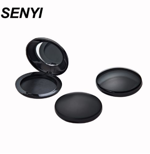 Plastic Cosmetic Packaging Black Round Blusher Case Makeup Compact Powder Case with Mirror