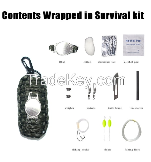 Emergency camping  550 paracord Fishing equipment survival bag - kit with  Carabiner , tool