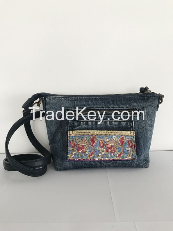 Embellished denim washed handbag