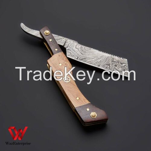 Damascus knife Folding knife best Razor blade handmade with leather sheath