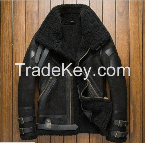 Mens Black RAF Shearling B3 Bomber Fur Collared Aviator Sheepskin Leather jacket