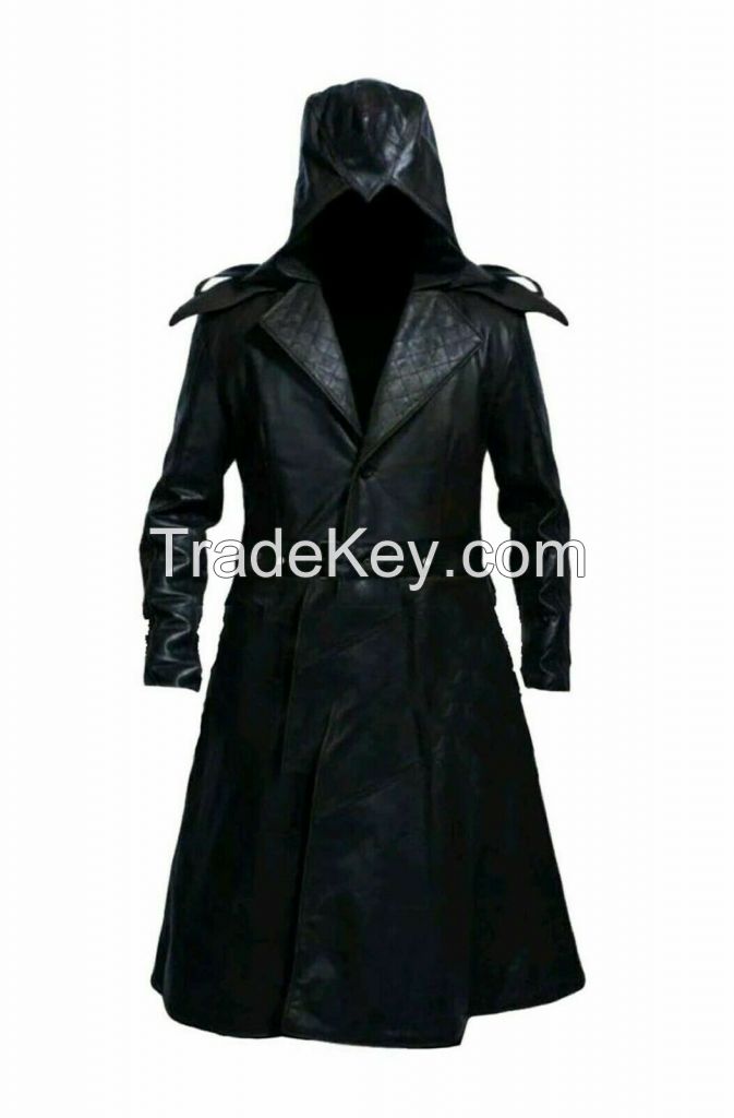 Mens Black Long Leather Jacket Coat Cowhide Synthetic Knee Length Hooded