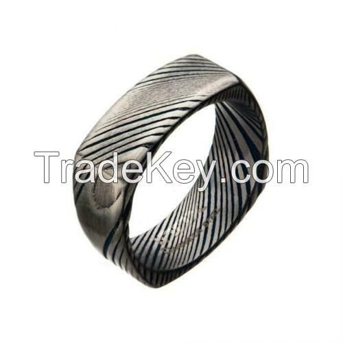 Men's Damascus 8mm Matte Blue Plated Square Ring