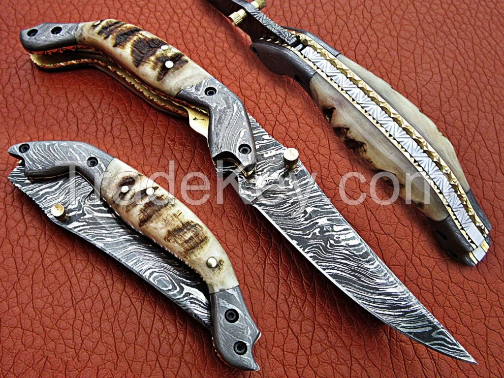 CUSTOM MADE DAMASCUS BLADE FOLDING KNIFE WITH SHEATH