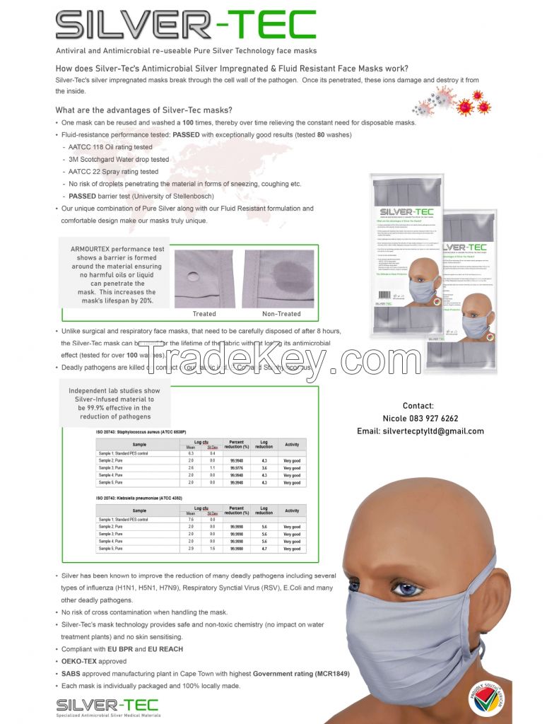 Fluid resistant Antimicrobial silver mask / fabric bulk washable lifetime of fabric