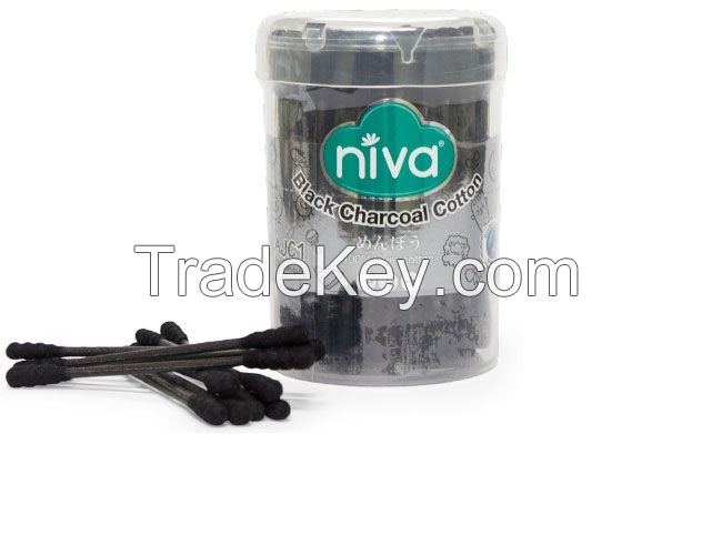 Niva Rotating Jar of 200 Charcoal Cotton Buds Paper Stick for Adult AJC2