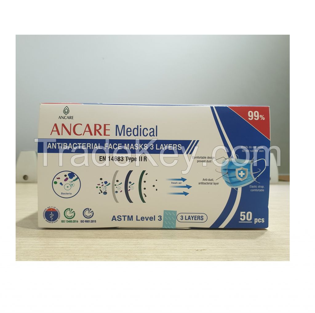 CE/FDA APPROVED FOR 3 PLYS DISPOSABLE FACE MASK - LEVEL 3 ASTM - TYPE IIR (EN 14683) - 98% ANCARE VIETNAM