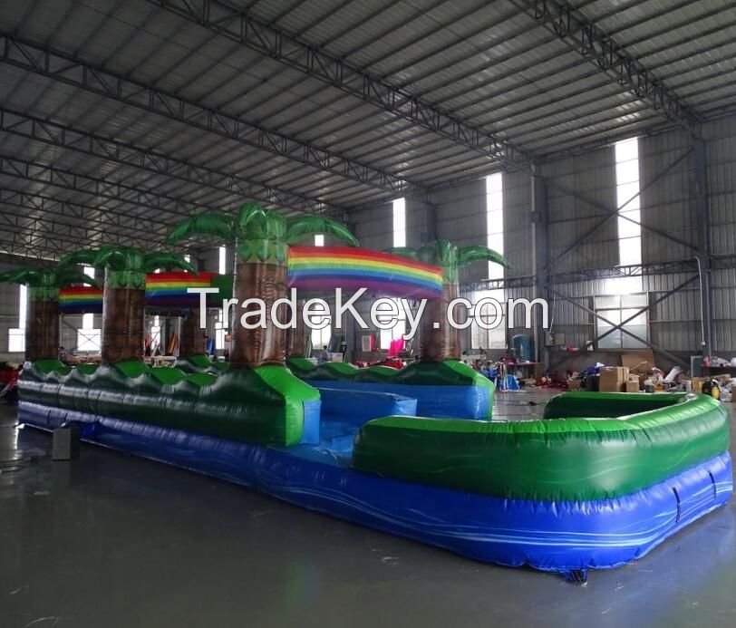 Custom Inflatable double lane Palm Tree Slip n Dip Inflatable Rainbow Slip n Slide with Pool