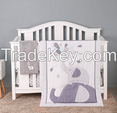 Sell 4 Piece Soft Baby Crib Bedding Set Grey Elephant Nursery Bedding Crib Set  Crib Comforter, Fitted Sheet, Dust Ruffle, Blanket