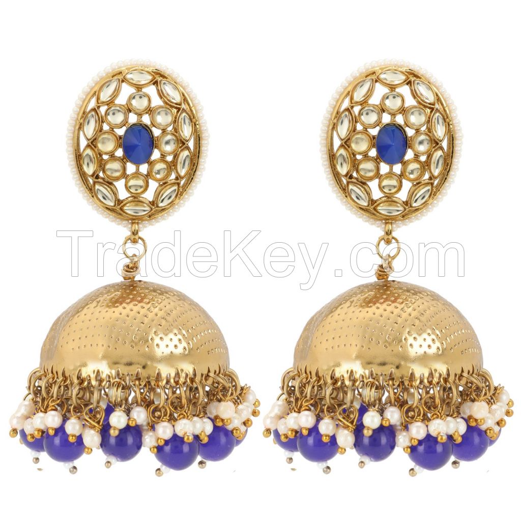 Indian Jewelry Bollywood Antique Crystal Kundan Big Jhumka Earrings Set for Women