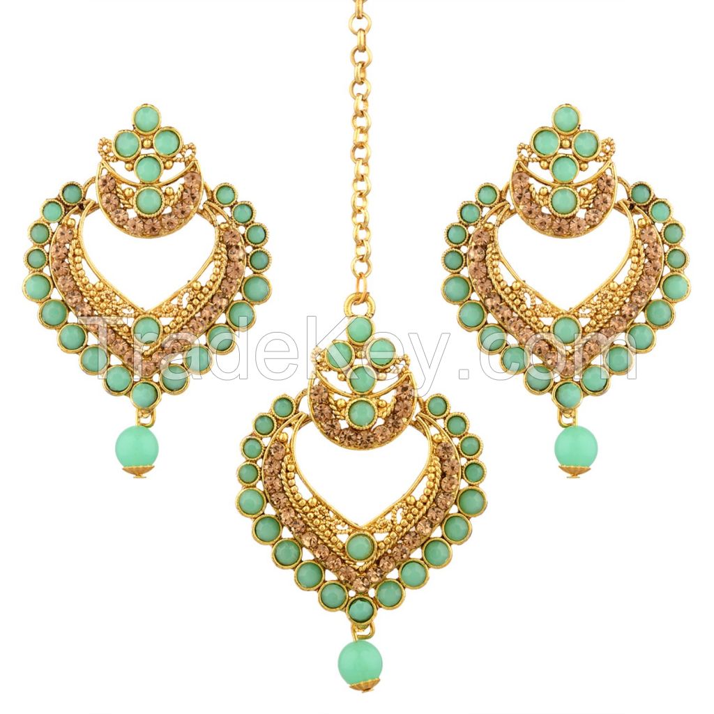 Indian Maang Tikka Earrings Set Bollywood Crystal Rhinestone Head Chain Dangle Jhumka Earrings Jewelry Set
