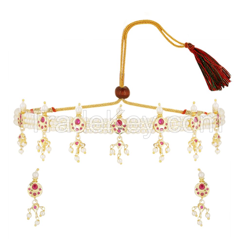 Indian Jewelry Cubic Zirconia CZ Crystal Faux Pearl Choker Necklace Earrings Set for Women