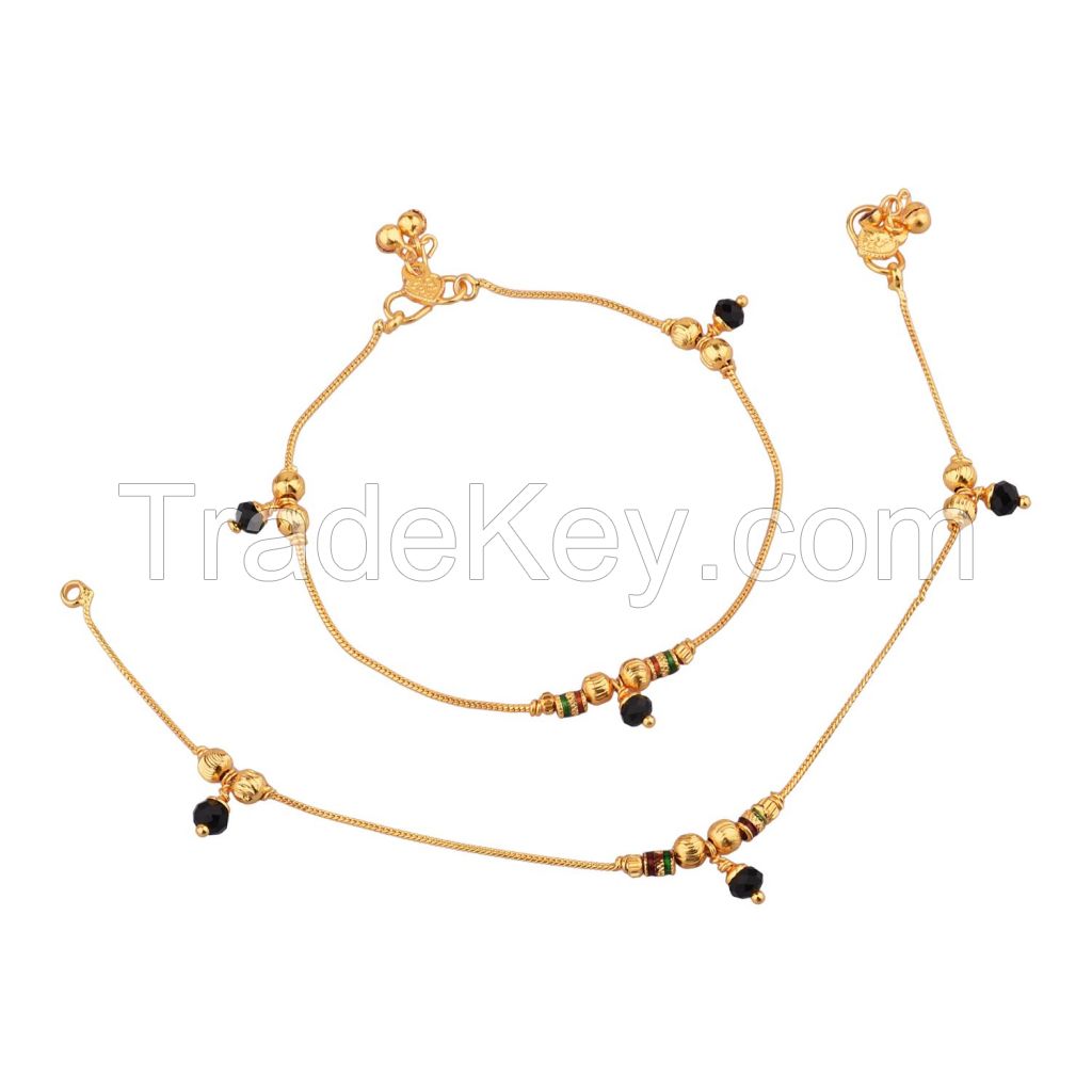 Indian Gold Tone Bell Charms Tassel Chain Anklet Set Bracelet Payal Foot Jewelry