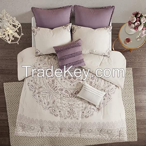 Park Reversible 100% Cotton Comforter Season Set Matching Bed Skirt Decorative Pillows King 104x92 Floral Medallion Blue