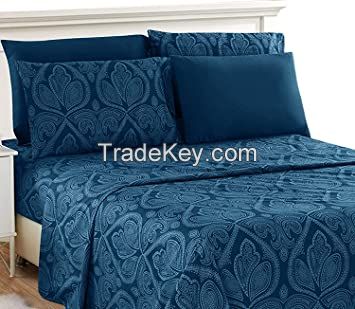 Full Bed Sheet Set Super Soft Brushed Microfiber 1800 Thread Count Full Sheets with 15 inch Deep Pocket Wrinkle Free 4 Piece Full Navy Quatrefoil with White Pattern