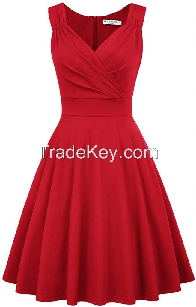 Women's Sleeveless V-Neck Cocktail Swing Dress