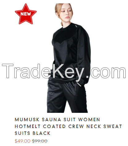 MUMUSK SAUNA SUIT WOMEN HOTMELT COATED CREW NECK SWEAT SUITS BLACK