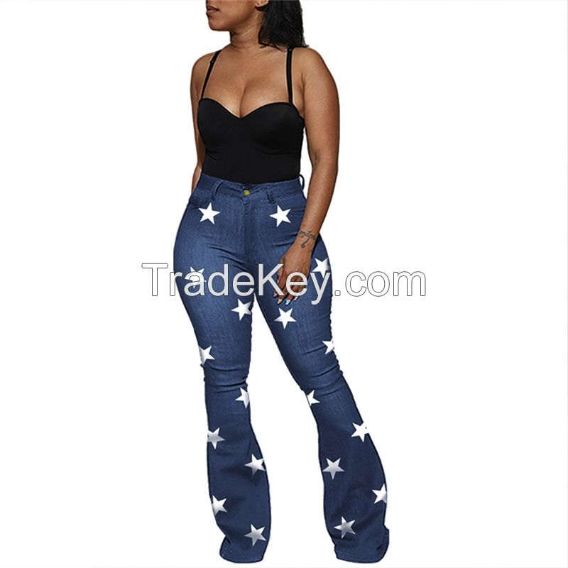 sell New women slim high waist push up jeans star printed denim women jeans